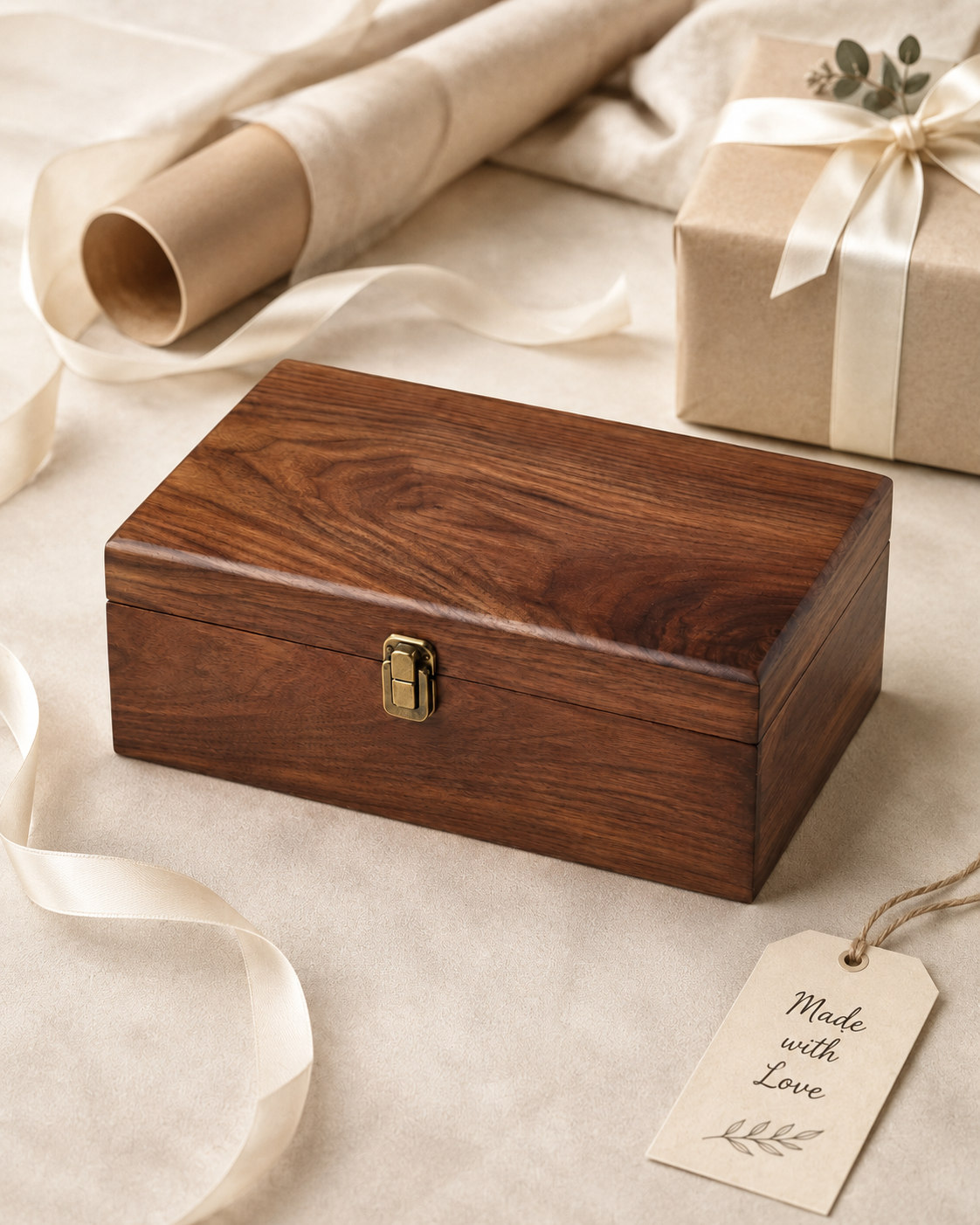 Walnut keepsake box styled as a gift