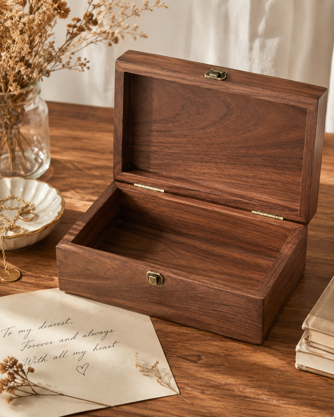 Open walnut keepsake box